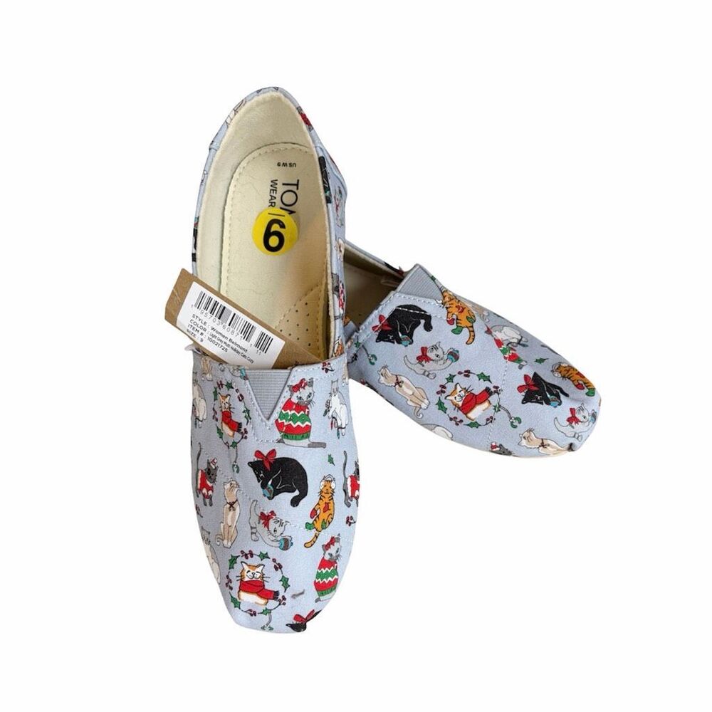 TOMS Women’s Belmont Holiday Cat Print Ortholite Light Blue Flats Shoes Sz 9 NWT